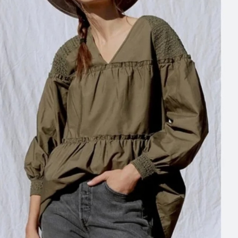 Anthropologie Mare Mare Medium Olive Green Renee V-neck Smocked Tunic Blouse